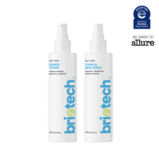 Everyday Skin Duo consisting of two white spray bottles labeled Renew Toner and Topical Skin Spray, featuring the National Eczema Association seal and an Allure logo.