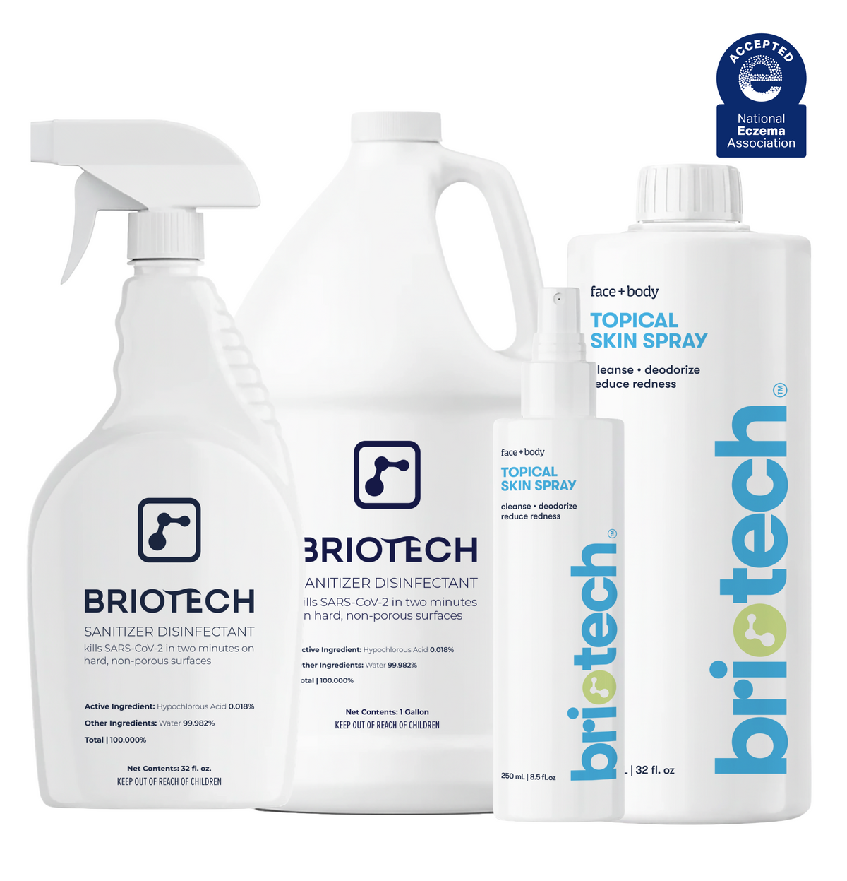 The Home + Skin Refill Bundle includes two sanitizer disinfectant spray bottles, a gallon refill jug, and a topical skin spray bottle, with a National Eczema Association seal in the corner.