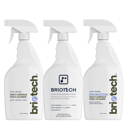 The Home Essentials Bundle includes three white spray bottles labeled as a multi-surface cleaner, a sanitizer disinfectant, and an extra strength hypochlorous acid cleaner.