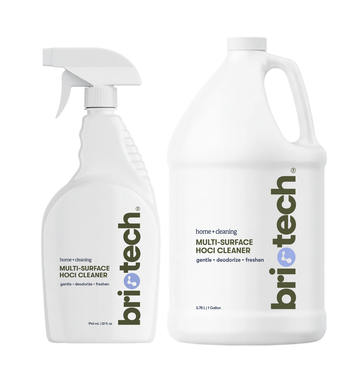 A white 32-ounce trigger spray bottle and a white 1-gallon refill jug, both from the Multi-Surface Cleaner + Refill Bundle and labeled as Multi-Surface HOCl Cleaner.