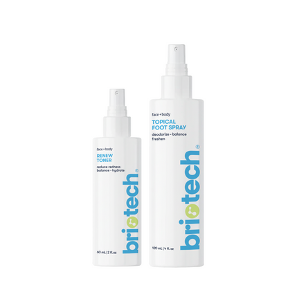 The Mother's Day Duo features two white spray bottles—Renew Toner (60 mL) and Topical Foot Spray (120 mL)—with blue and green labels, both formulated with soothing hypochlorous acid for gentle skin care.