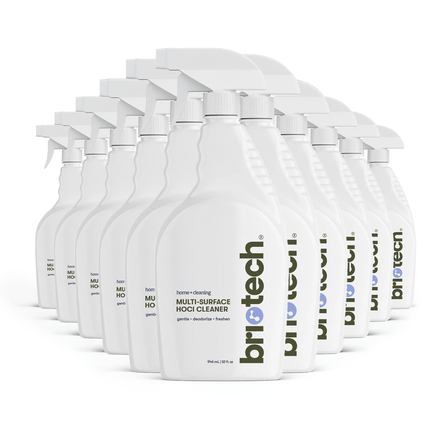 Twelve white bottles of Multi-Surface HOCl Cleaner are arranged in staggered rows, each facing forward. The bottles feature minimalist labels with green and blue text, emphasizing that this deodorizing multi-surface cleaner is safe for kids and pets.