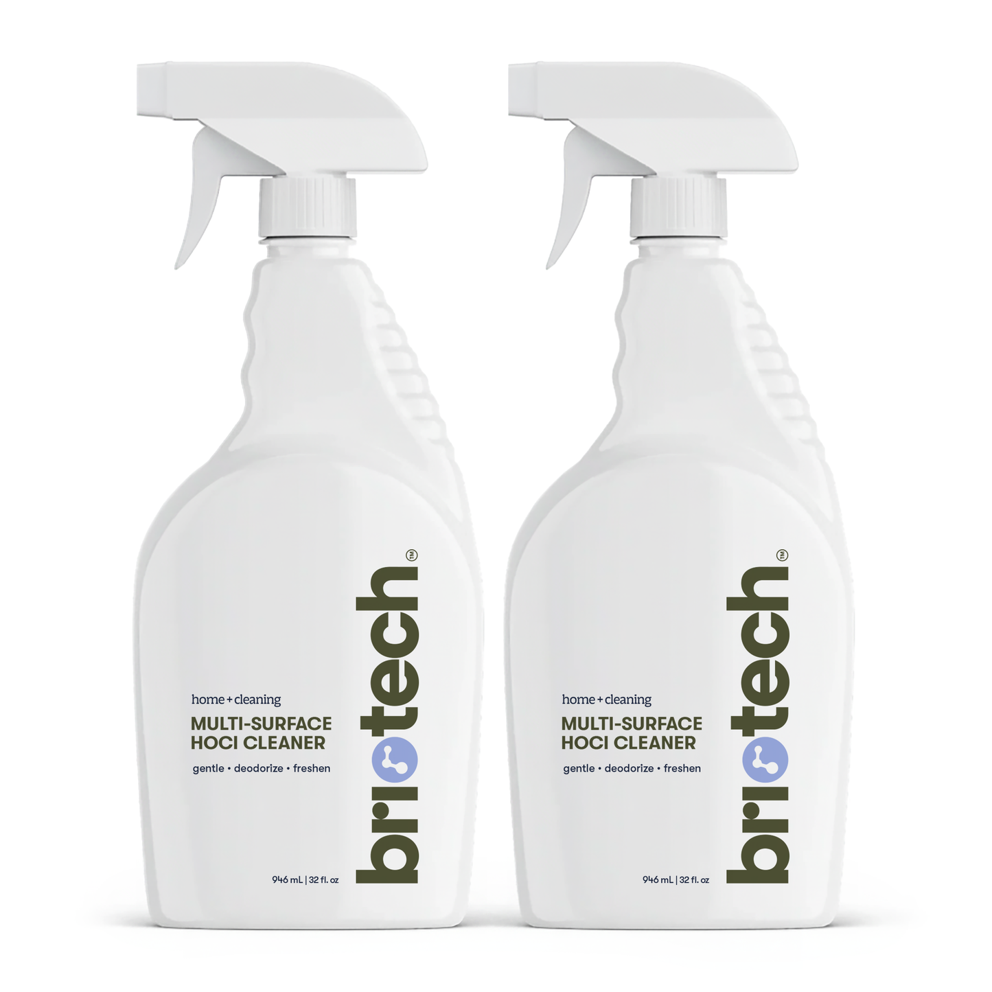 Two white spray bottles labeled Multi-Surface HOCl Cleaner with white nozzles are positioned side by side against a plain white background, highlighting an effective cleaning and deodorizing solution for your home or office.