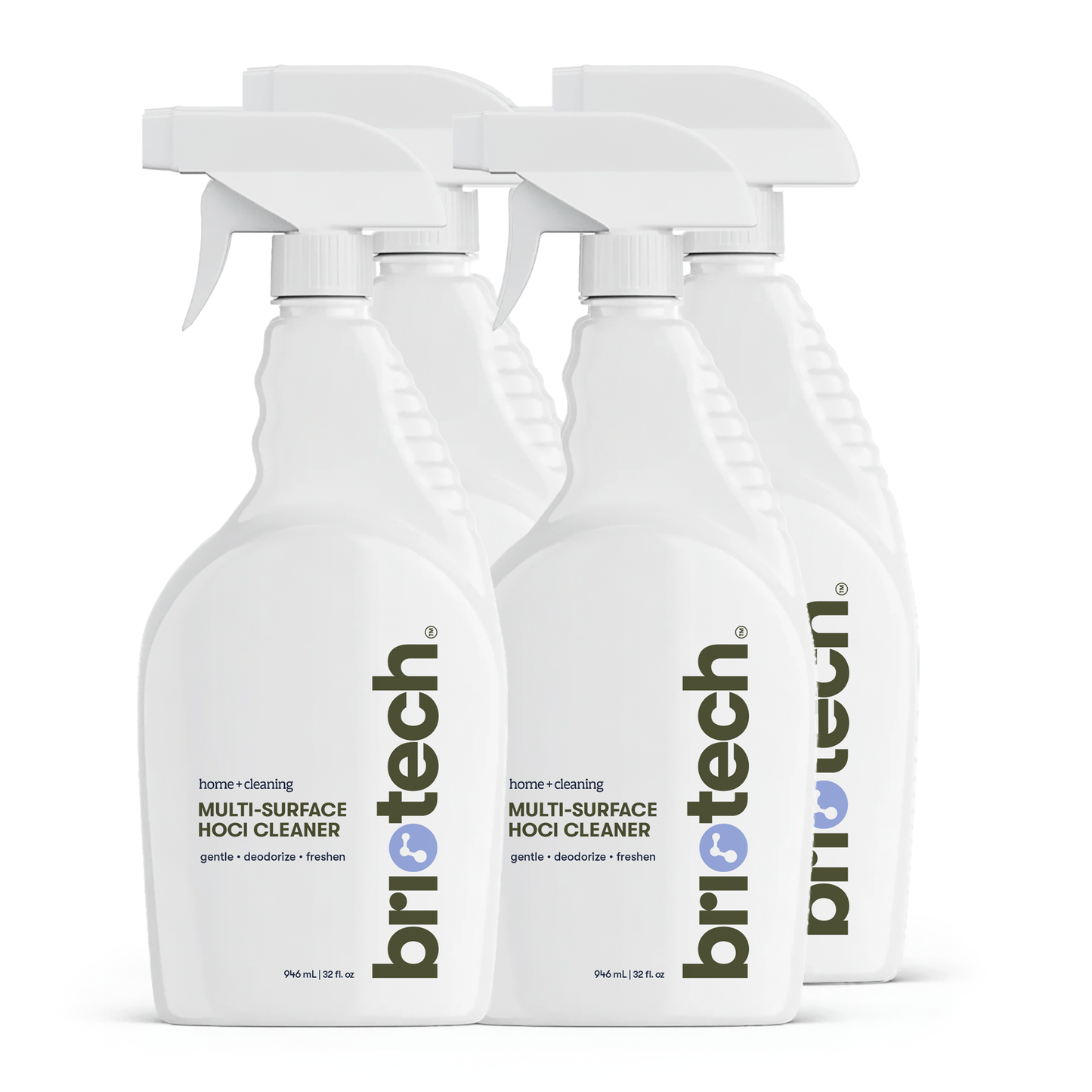 Four white spray bottles of Multi-Surface HOCl Cleaner are arranged in two rows, with their front labels clearly visible in black and blue text. This effective cleaner is perfect for cleaning hard surfaces and eliminating odors throughout your home or workspace.