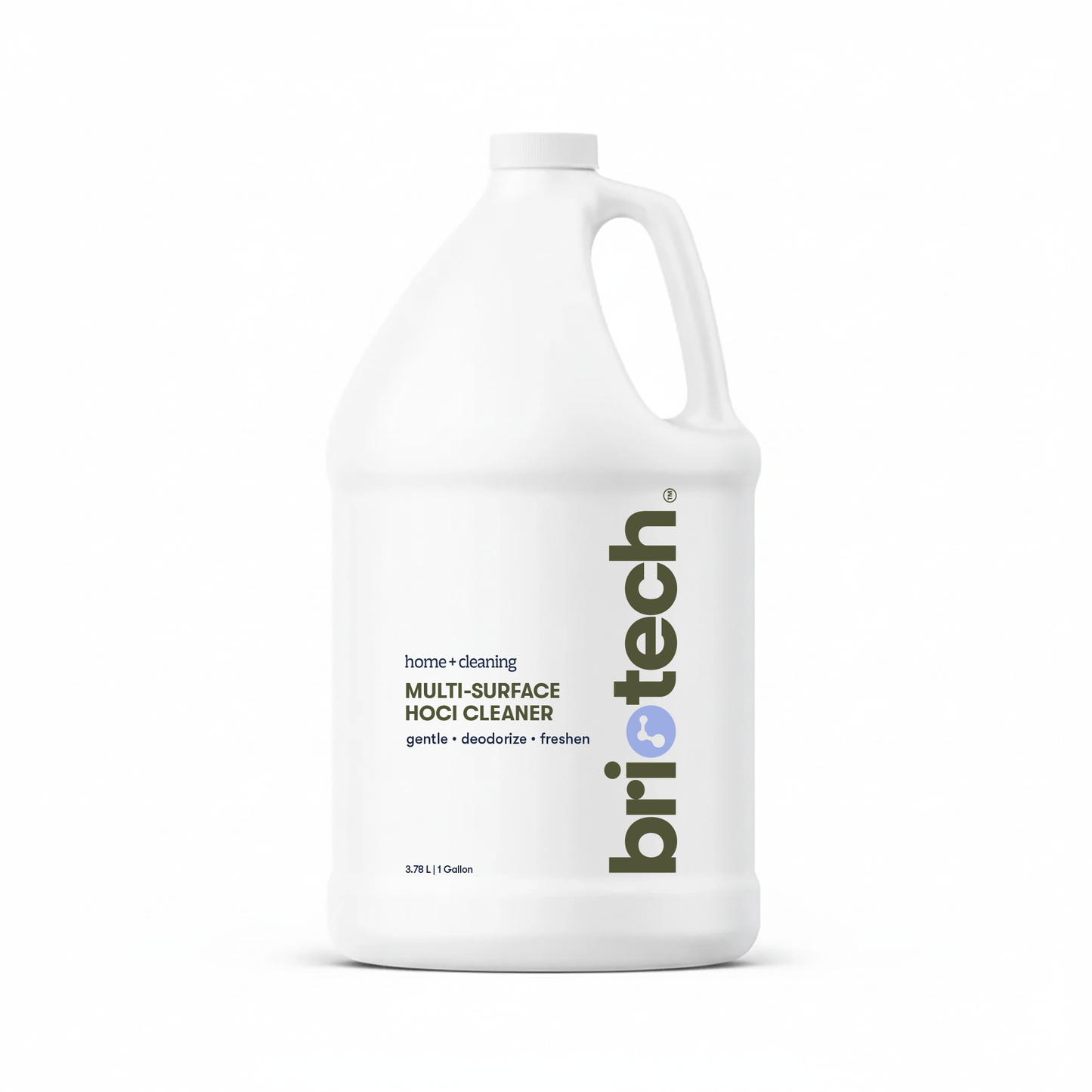 A white gallon bottle labeled "Multi-Surface HOCl Cleaner" by Briotech, featuring a handle and spout, contains a gentle deodorizing and freshening solution safe for kids and pets.