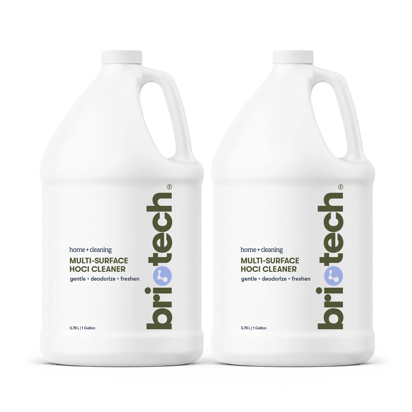 Two white gallon bottles labeled Multi-Surface HOCl Cleaner, featuring minimalist text and a blue logo, stand side by side against a white background. This cleaner is ideal for cleaning and deodorizing your home, and is safe for use around kids and pets.