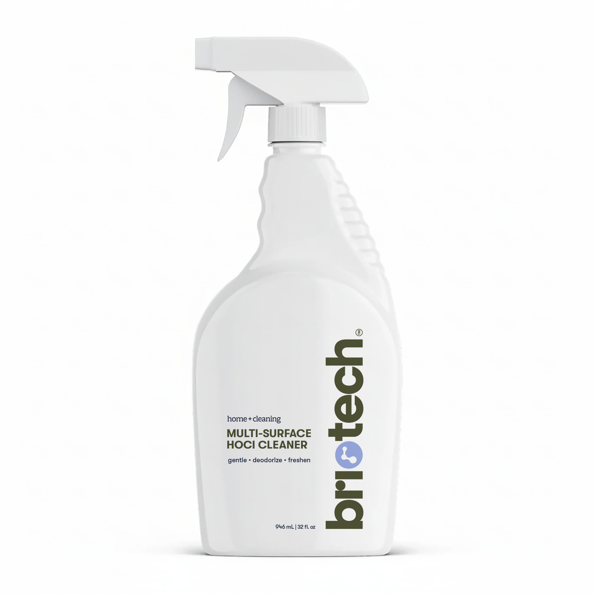 A white spray bottle labeled "Multi-Surface HOCl Cleaner" is displayed against a plain white background, emphasizing its gentle, deodorizing formula that is safe for kids and pets.