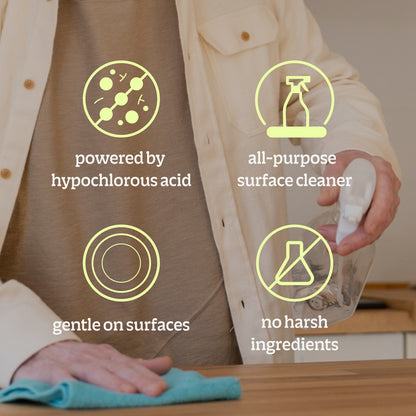 A person cleans a surface with a spray bottle and cloth, while text and icons highlight the Multi-Surface HOCl Cleaner’s features: powered by hypochlorous acid, suitable for all surfaces, gentle on surfaces, deodorizing, and free from harsh ingredients.