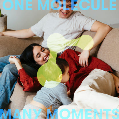 A smiling family lounges on a couch together, enjoying a fresh and inviting space. Overlaid yellow abstract shapes and blue text read “ONE MOLECULE MANY MOMENTS,” emphasizing how Multi-Surface HOCl Cleaner helps create countless joyful memories with its powerful deodorizing action.