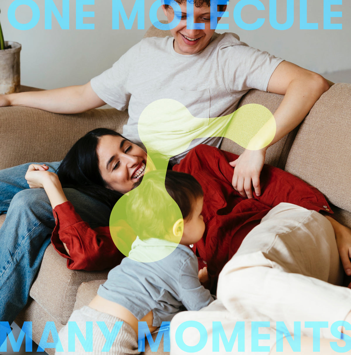 A man, woman, and small child relax on a couch with the Home Essentials Bundle text overlay of ONE MOLECULE and MANY MOMENTS, suggesting a space cleaned with a hypochlorous acid sanitizer.
