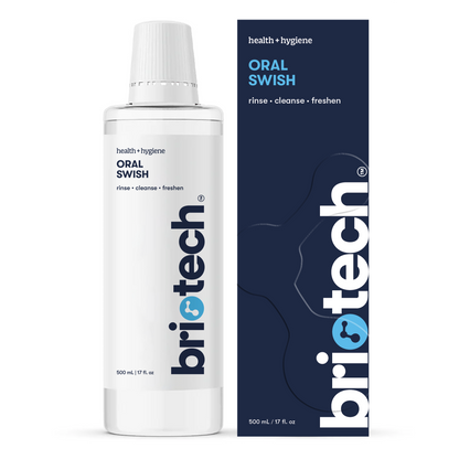 A white 500 mL bottle of Oral Swish alcohol-free mouth rinse sits beside its blue and white box, both showing the logo and product details, including “rinse, cleanse, freshen” for gum health.