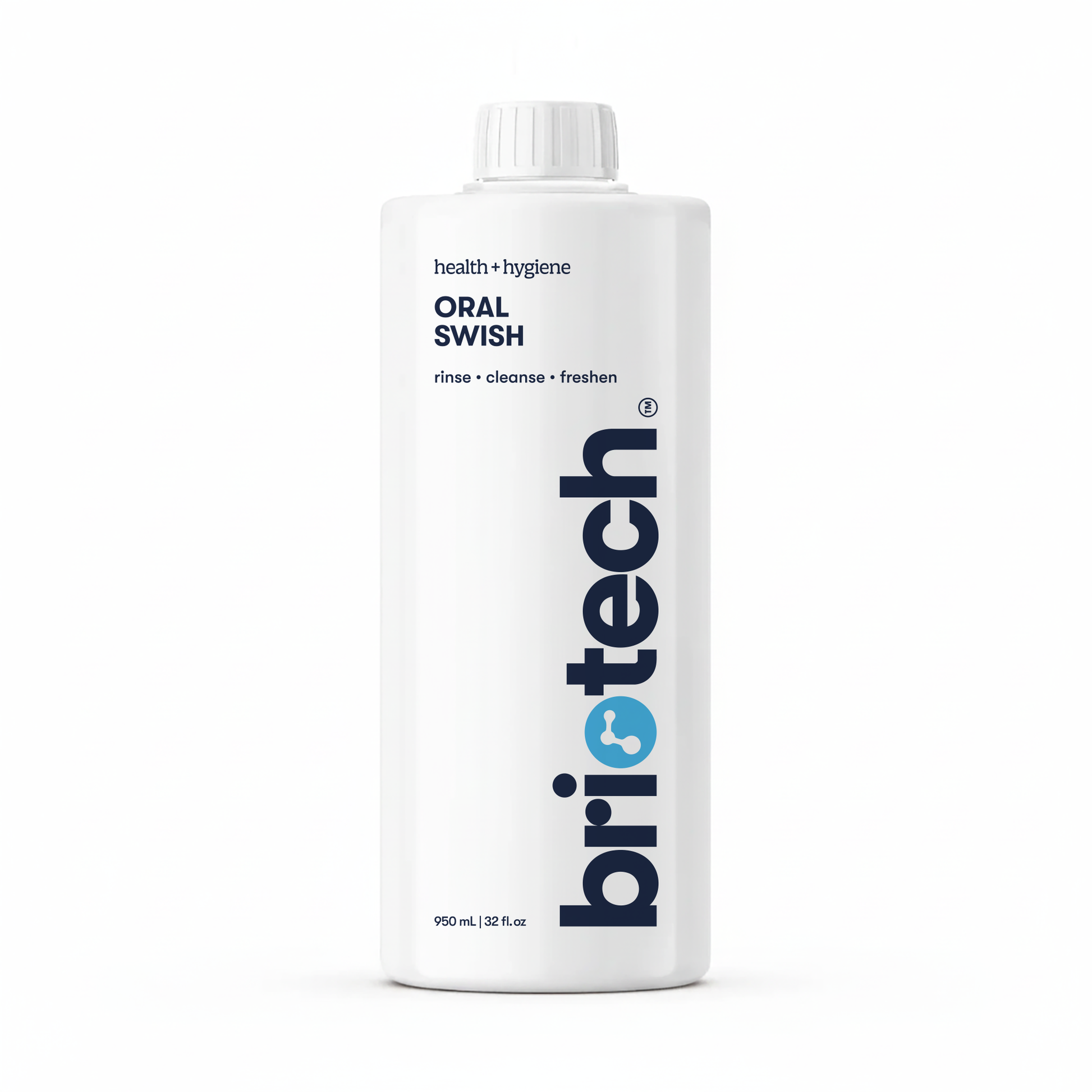A 950ml white bottle of Oral Swish, an alcohol-free oral rinse for rinsing, cleansing, and freshening breath. Features a white cap and supports gum health.