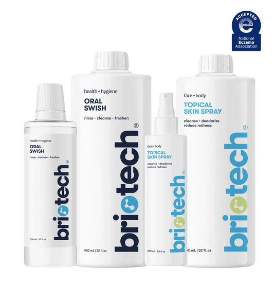 The Oral + Skin Care Bundle includes two bottles of oral care and two bottles of skin spray, one with a spray nozzle, featuring a National Eczema Association seal.
