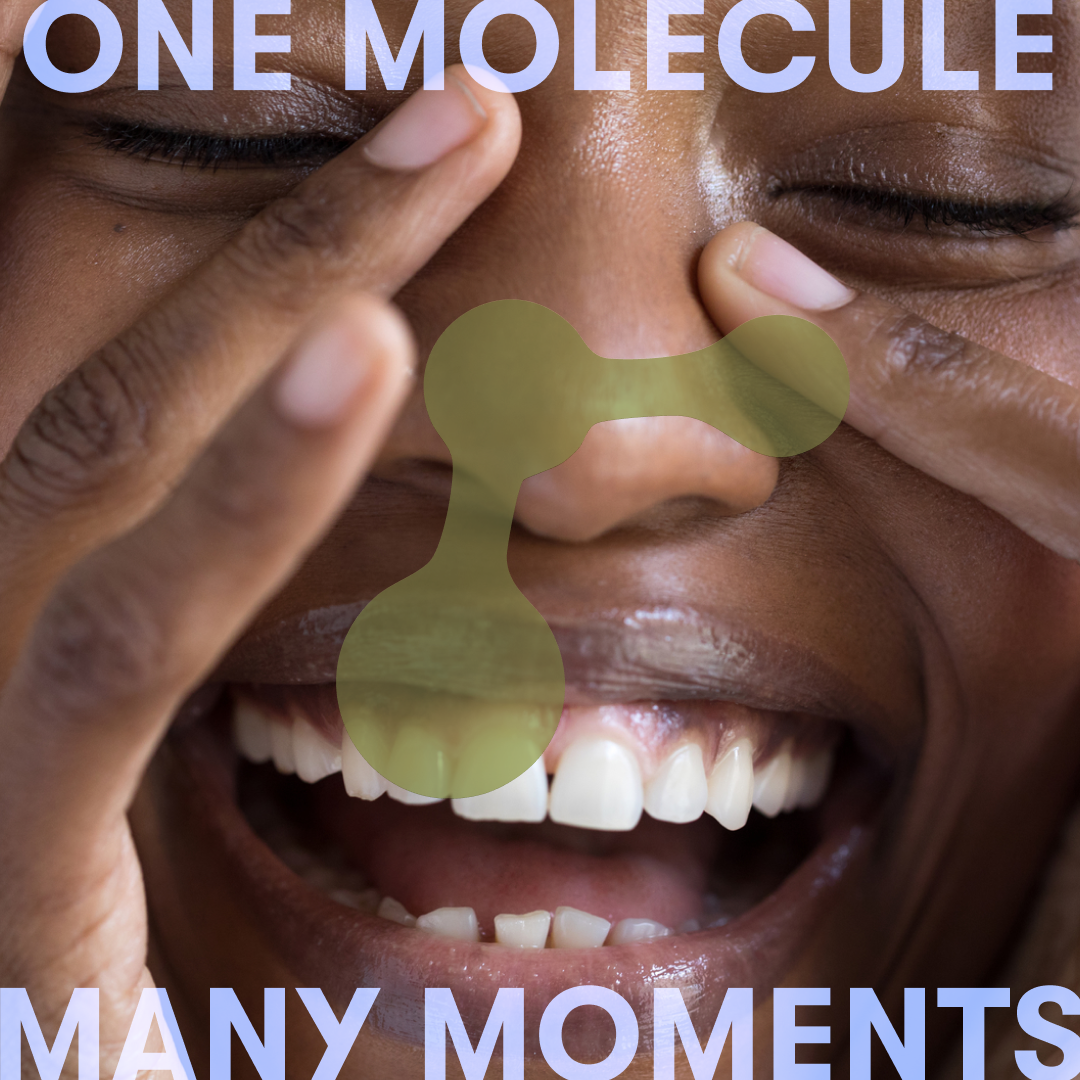 A person smiling with their hands near their nose, overlaid with a green abstract molecule shape—capturing the feeling of fresh breath. The text reads ORAL SWISH at the top and MANY MOMENTS at the bottom.