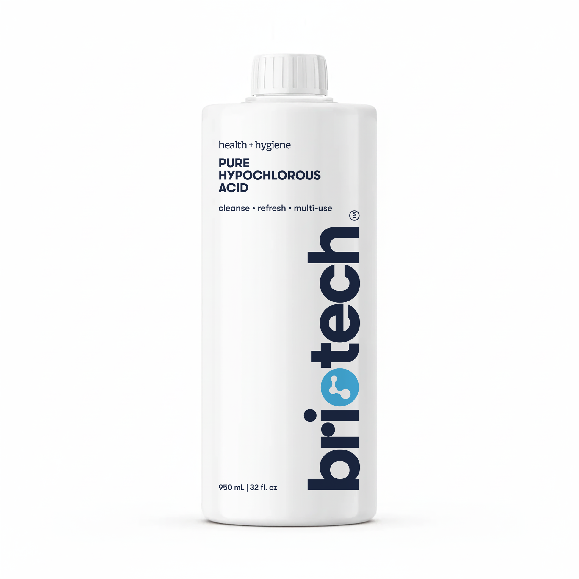A 950 mL white bottle labeled "Pure Hypochlorous" contains pure HOCl solution for health and hygiene. The label states: cleanse • refresh • deodorize • multi-use. It has a white cap.