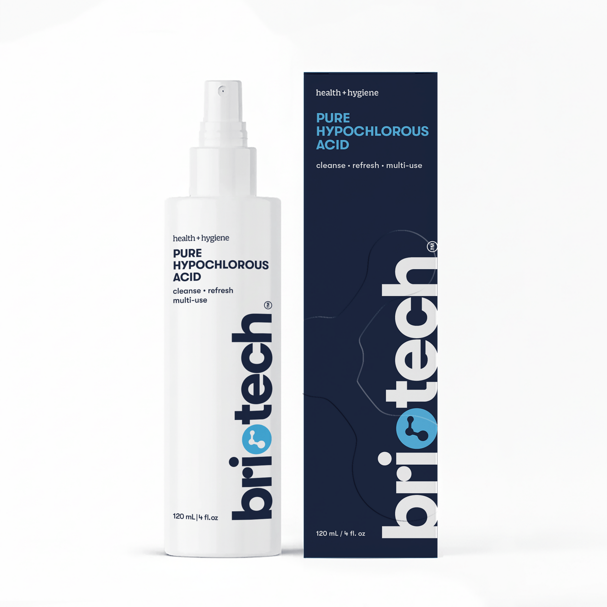 A white spray bottle of Pure Hypochlorous stands beside its matching navy box, both promoting health, hygiene, and multi-use cleansing. This HOCl solution helps cleanse and deodorize; each bottle contains 120 mL (4 fl. oz.).