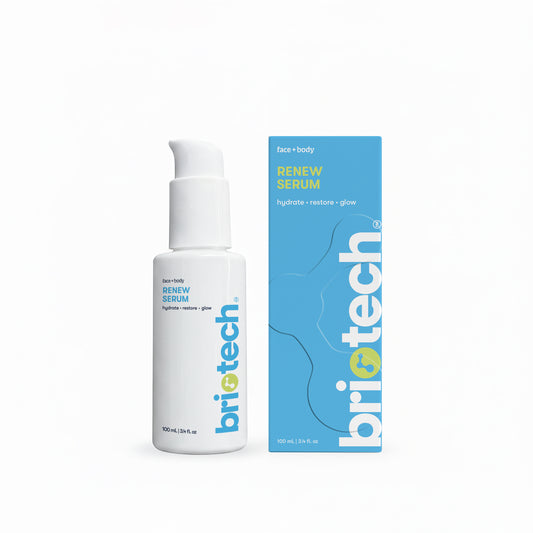 A white pump bottle labeled Renew Serum stands beside its blue and white box, both displaying the product name and the words hydrate, restore, glow.