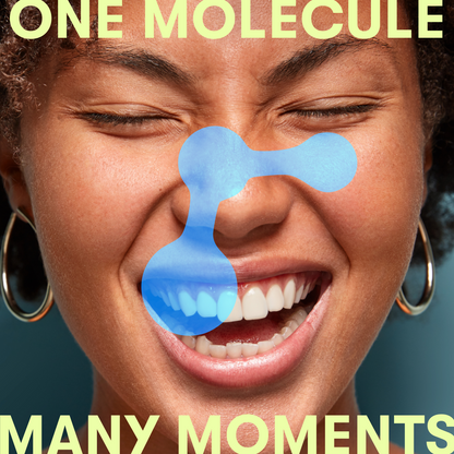 Close-up of a person smiling with a blue hypochlorous acid molecular graphic from The Briotech Starter Kit over their nose and mouth, overlaid with the text ONE MOLECULE at the top and MANY MOMENTS at the bottom.