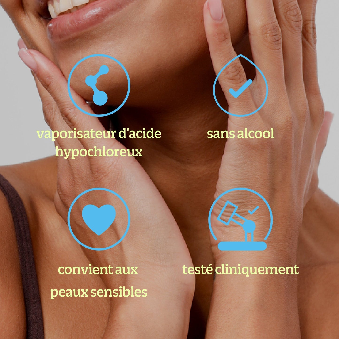 A woman with glowing skin touches her face, overlaid with icons and French text highlighting Renew Toner: vaporisateur d’acide hypochloreux, calme les rougeurs, sans alcool, peaux sensibles, testé cliniquement.
