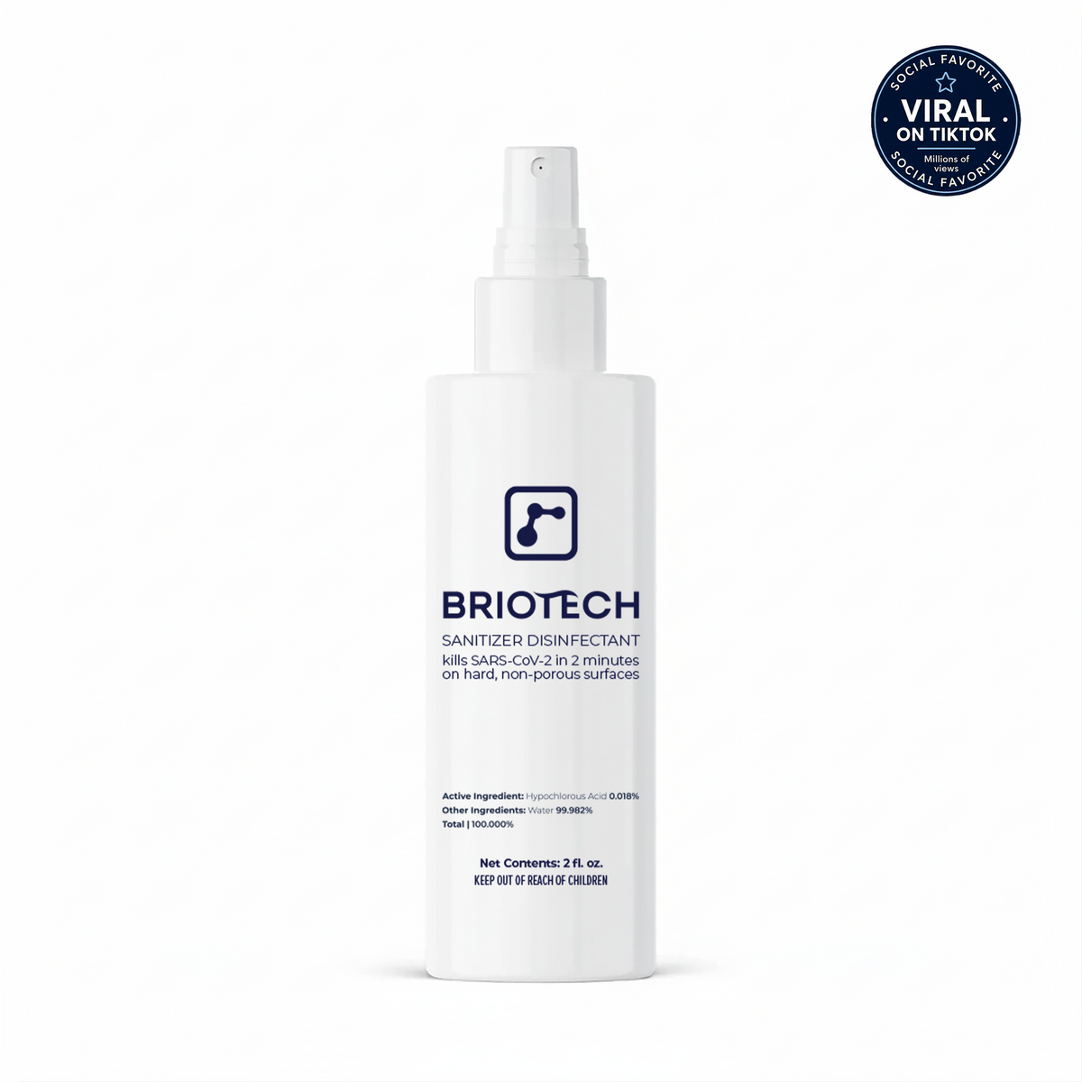 A white spray bottle labeled “Sanitizer Disinfectant,” effective against bacteria and viruses—including SARS-CoV-2 in 2 minutes. A blue circular “Viral on TikTok” badge appears in the upper right corner. Ideal as a disinfecting spray for use on non-porous surfaces. Shown on a plain white background.