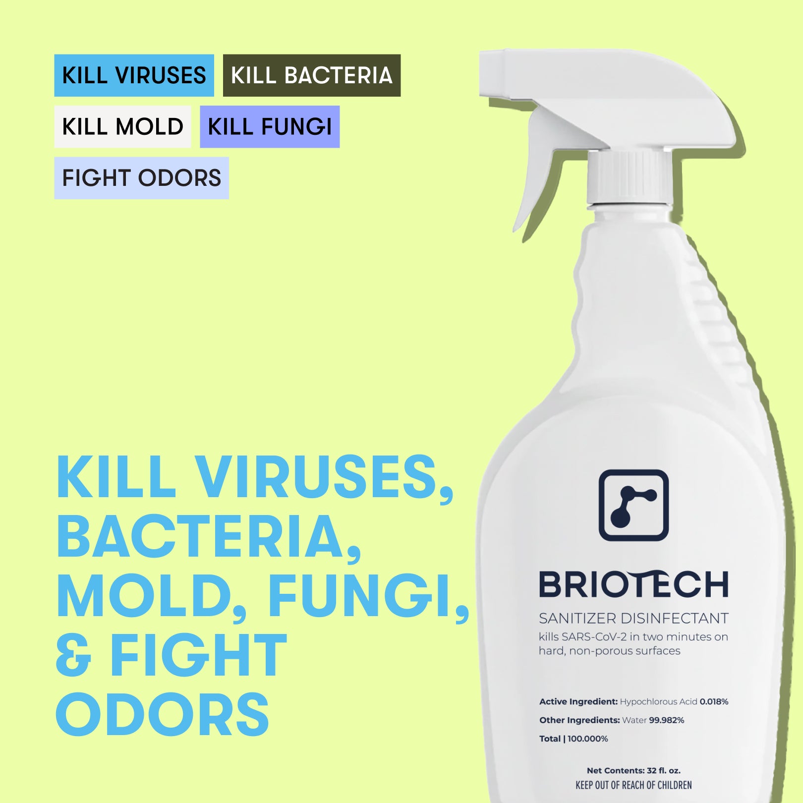 A white spray bottle labeled Sanitizer Disinfectant is displayed on a pastel yellow background, with bold text highlighting its power to kill bacteria and viruses on non-porous surfaces and eliminate odors.