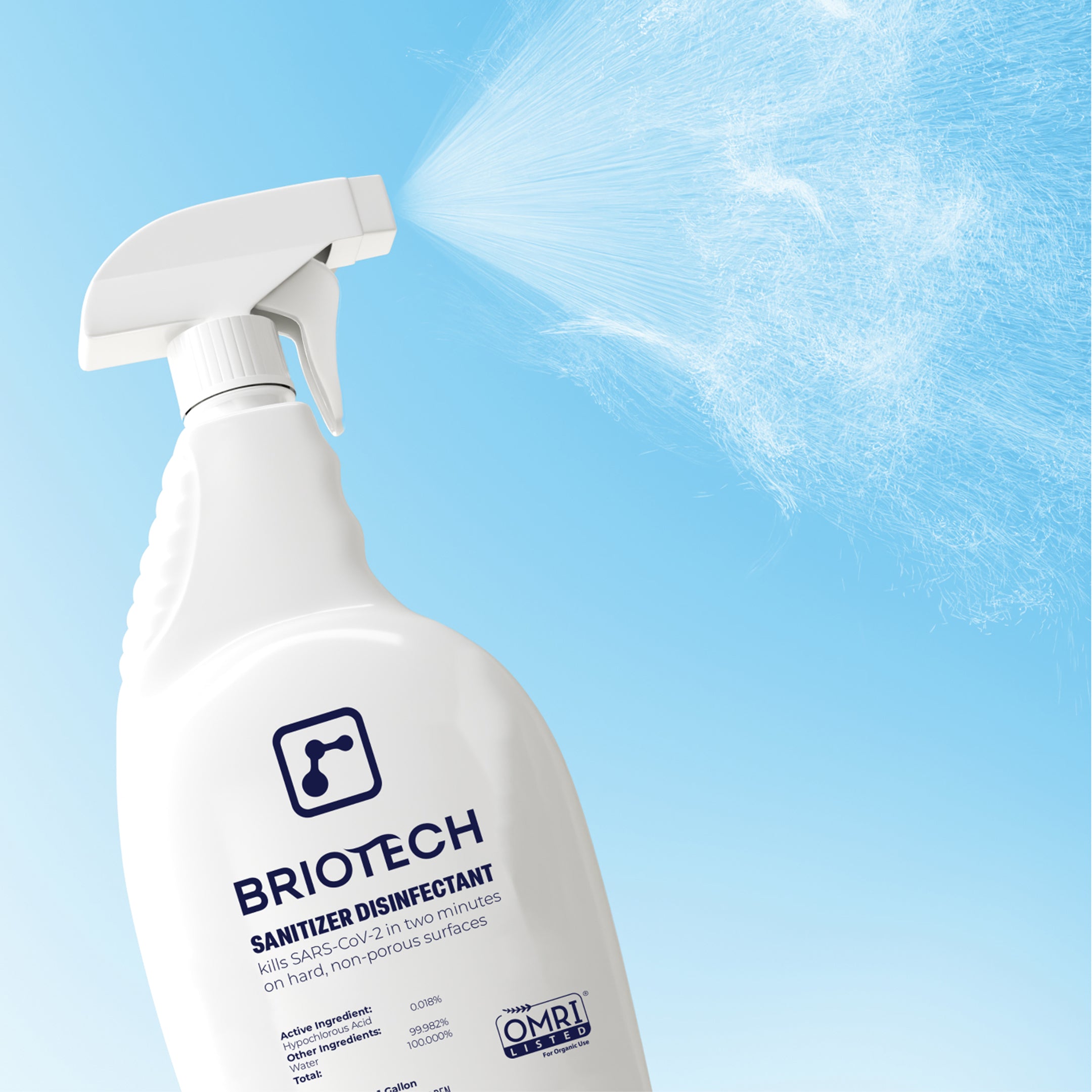 A white spray bottle labeled Sanitizer Disinfectant releases a mist on a light blue background. This disinfecting spray kills SARS-CoV-2 and eliminates bacteria and viruses on hard, non-porous surfaces in two minutes.
