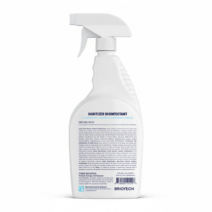 A white spray bottle labeled Sanitizer Disinfectant, ideal for non-porous surfaces, features directions and product info in blue and black text on the back. The brand name BRIOTECH is displayed at the bottom.