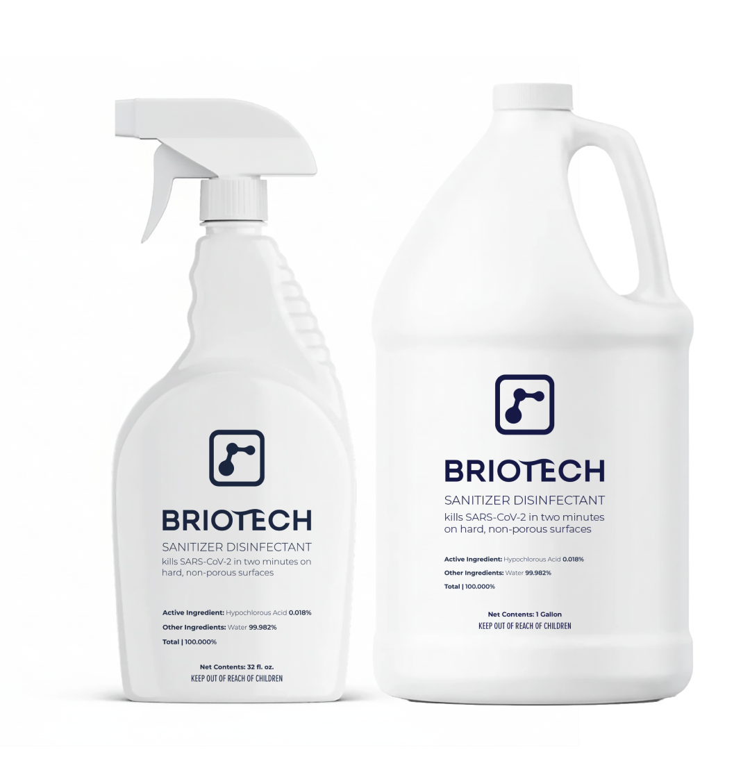 The Sanitizer Disinfectant Bundle includes two white bottles—one with a spray nozzle and one gallon refill. It kills SARS-CoV-2 in two minutes on hard, non-porous surfaces, making it ideal for high-touch areas.