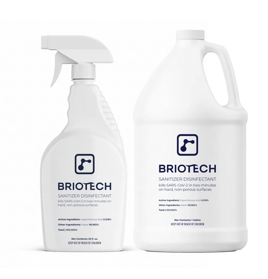 The Sanitizer Disinfectant Bundle includes two white bottles—one with a spray nozzle and one gallon refill. It kills SARS-CoV-2 in two minutes on hard, non-porous surfaces, making it ideal for high-touch areas.