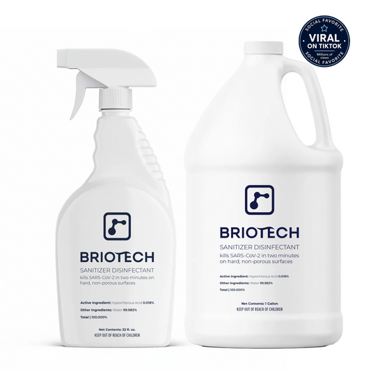 The Sanitizer Disinfectant Bundle includes two white Briotech containers: a 32 oz spray bottle and a 1-gallon refill jug—both labeled for effective SARS-CoV-2 elimination. Free from harsh ingredients, these essentials offer uncompromised cleaning power for your space. A “viral on TikTok” badge appears in the upper right corner.