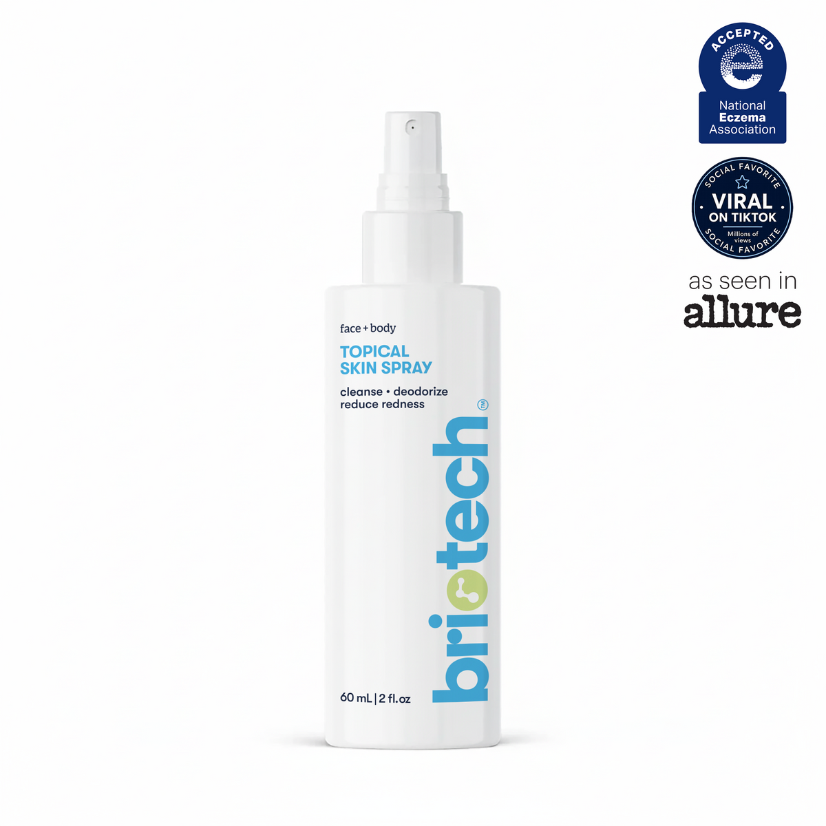 Briotech Topical Skin Spray comes in a white spray bottle labeled with blue and yellow text and features three badges: National Eczema Association, viral on TikTok, and as seen in Allure. This soothing Topical Skin Spray is designed to calm irritation and reduce blemishes for healthier-looking skin.