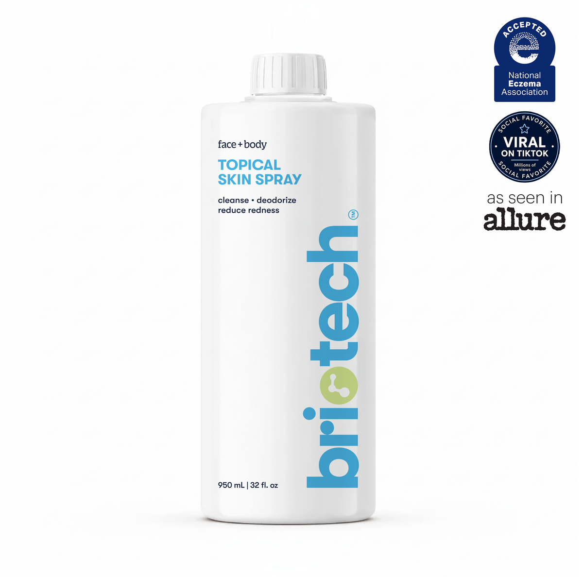 A white bottle of Topical Skin Spray featuring blue and gray text is shown, with certification and media feature badges displayed to its right. This soothing spray helps calm irritation and minimize blemishes, promoting healthier-looking skin.