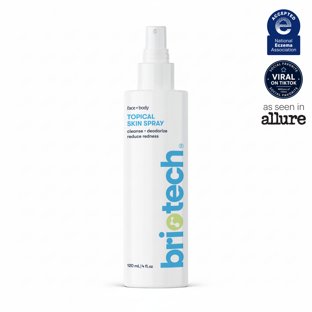 A white spray bottle labeled Topical Skin Spray for face and body. The label features logos from the National Eczema Association, Allure, and “Viral on TikTok.” Text highlights its cleansing and deodorizing properties, reduces redness, and describes a soothing skin spray formula that calms irritation while helping to reduce blemishes.
