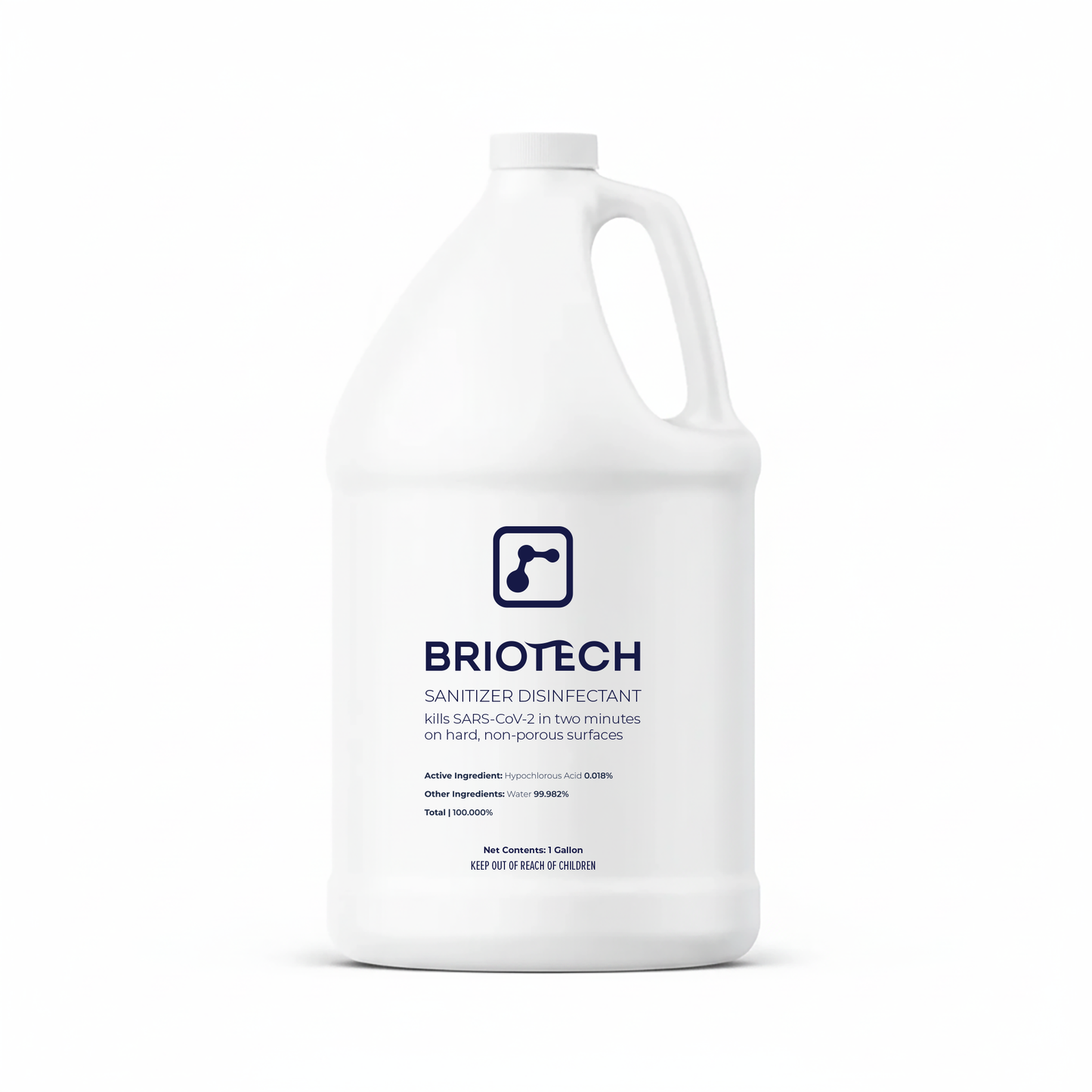 A 1-gallon white plastic jug labeled Sanitizer Disinfectant, a spray that kills bacteria and viruses including SARS-CoV-2 in two minutes on hard, non-porous surfaces. The label lists ingredients and safety warnings.