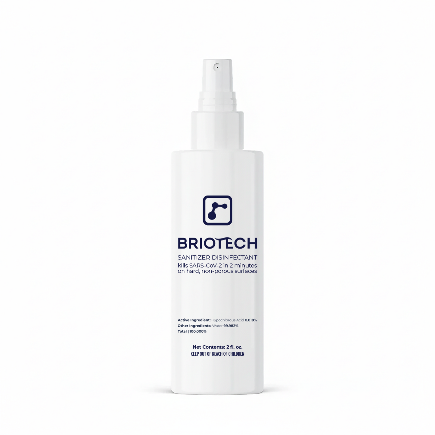 A white spray bottle labeled Sanitizer Disinfectant effectively eliminates bacteria and viruses, including SARS-CoV-2 in 2 minutes, on hard, non-porous surfaces. The bottle shows ingredients, and a child safety warning.