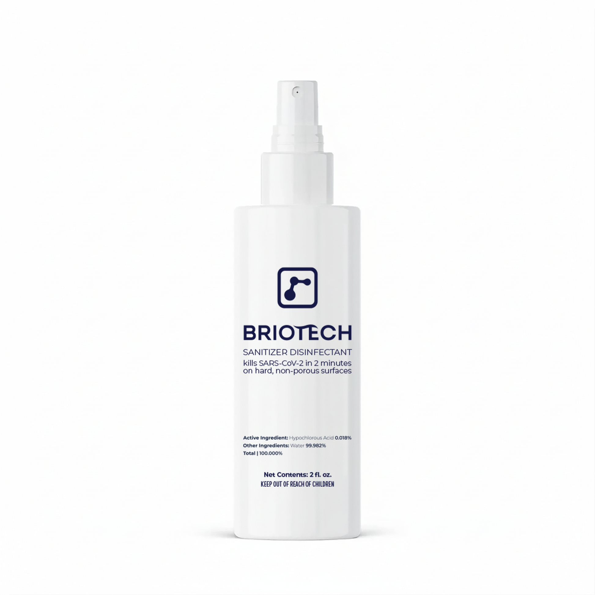A white spray bottle labeled Sanitizer Disinfectant effectively eliminates bacteria and viruses, including SARS-CoV-2 in 2 minutes, on hard, non-porous surfaces. The bottle shows ingredients, and a child safety warning.