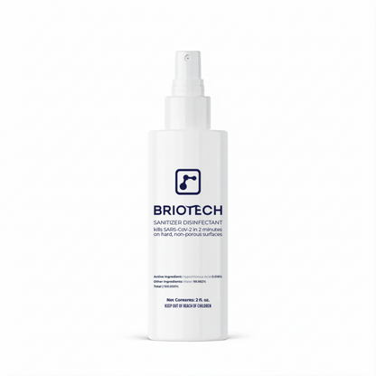 A white spray bottle labeled Sanitizer Disinfectant effectively eliminates bacteria and viruses, including SARS-CoV-2 in 2 minutes, on hard, non-porous surfaces. The bottle shows ingredients, and a child safety warning.