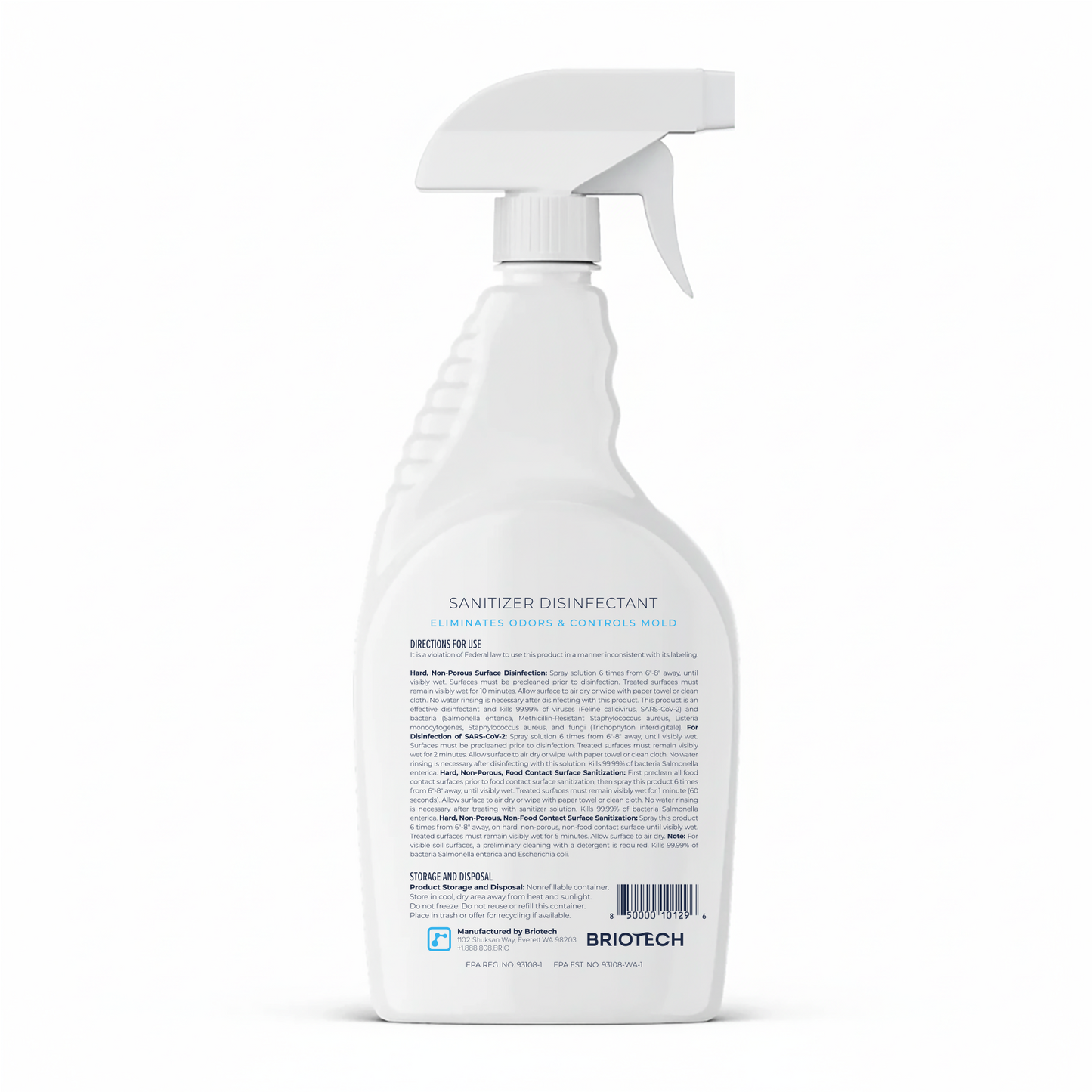 A white spray bottle labeled “Sanitizer Disinfectant” stands upright against a plain white background. It is designed for disinfecting non-porous surfaces, and its label provides information on uses, directions, and the manufacturer, Briotech.
