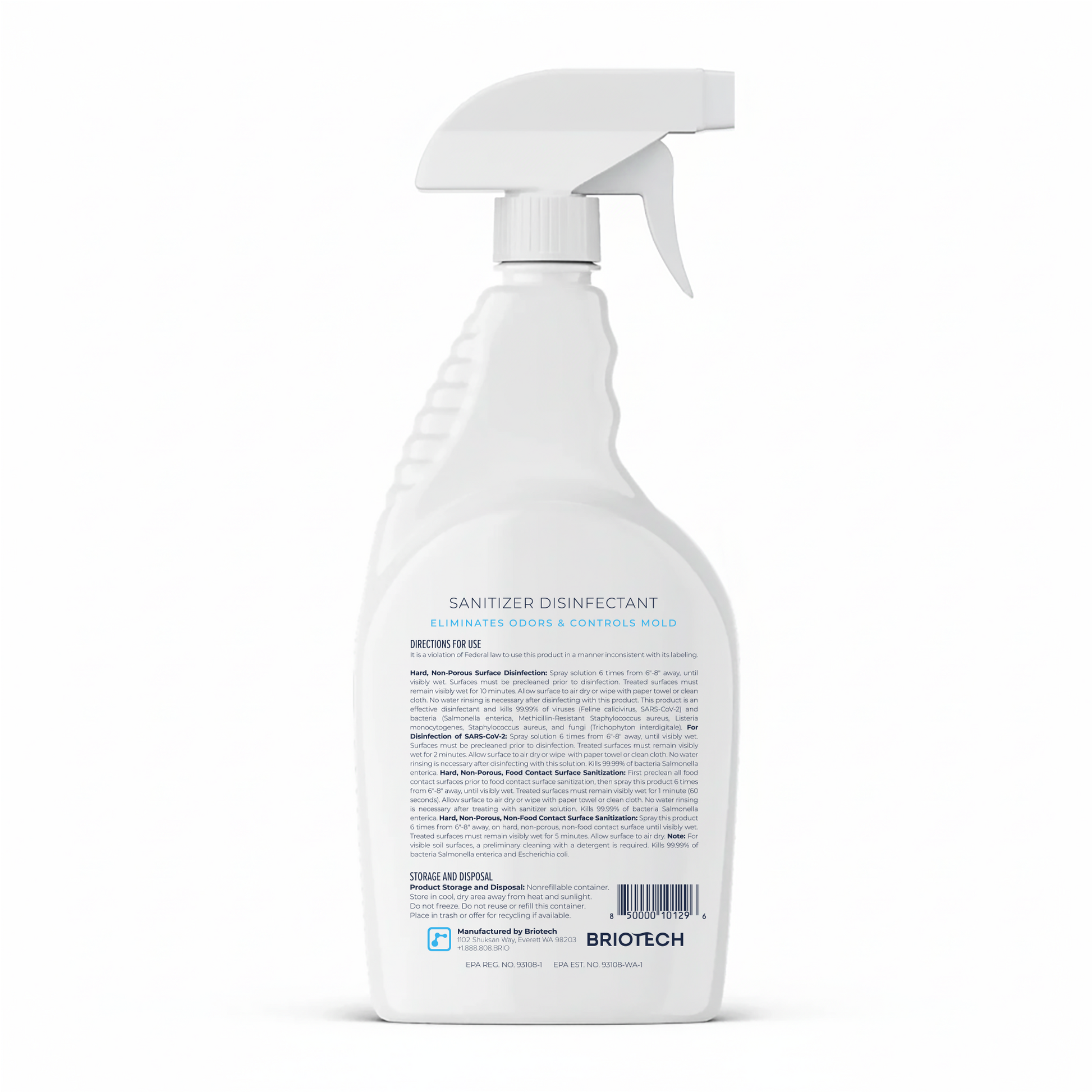 A white spray bottle labeled “Sanitizer Disinfectant” stands upright against a plain white background. It is designed for disinfecting non-porous surfaces, and its label provides information on uses, directions, and the manufacturer, Briotech.