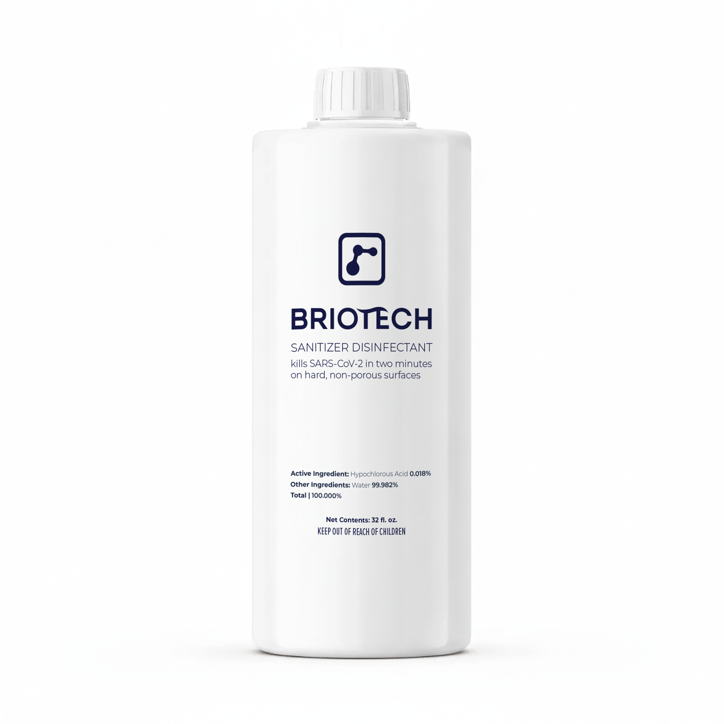 A white bottle of Sanitizer Disinfectant with a white cap. This spray kills SARS-CoV-2 in two minutes and effectively eliminates bacteria and viruses on non-porous surfaces.