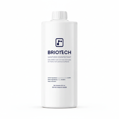 A white bottle of Sanitizer Disinfectant with a white cap. This spray kills SARS-CoV-2 in two minutes and effectively eliminates bacteria and viruses on non-porous surfaces.