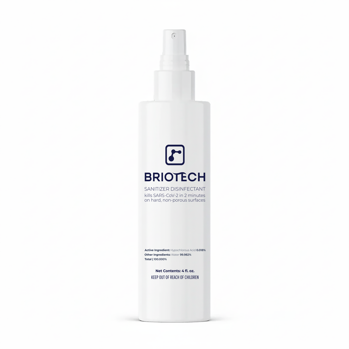 Sanitizer Disinfectant in a white spray bottle eliminates bacteria and viruses like SARS-CoV-2 on non-porous surfaces in 2 minutes. Contains 99.925% water and 0.075% hypochlorous acid, 4 fl oz.