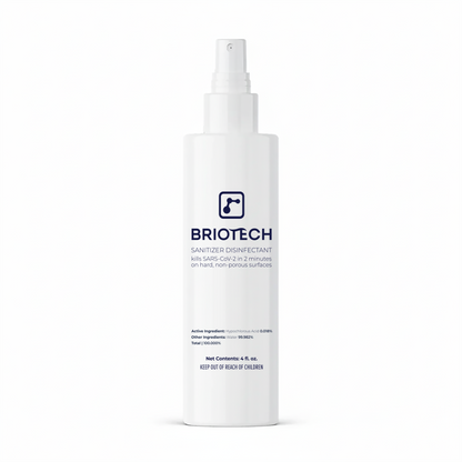 Sanitizer Disinfectant in a white spray bottle eliminates bacteria and viruses like SARS-CoV-2 on non-porous surfaces in 2 minutes. Contains 99.925% water and 0.075% hypochlorous acid, 4 fl oz.