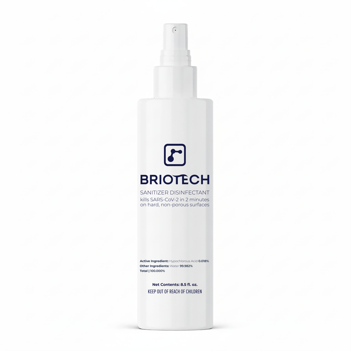 A white 8.5 fl. oz. BRIOTECH Sanitizer Disinfectant bottle with spray nozzle kills bacteria and viruses on non-porous surfaces, eliminates SARS-CoV-2 in 2 minutes.