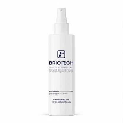 A white 8.5 fl. oz. BRIOTECH Sanitizer Disinfectant bottle with spray nozzle kills bacteria and viruses on non-porous surfaces, eliminates SARS-CoV-2 in 2 minutes.