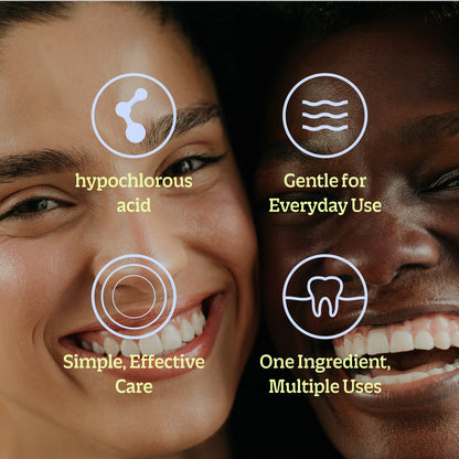 Two smiling people are overlaid with four icons labeling The Home + Skin Refill Bundle as gentle, simple, effective, and a single-ingredient solution for multiple uses.